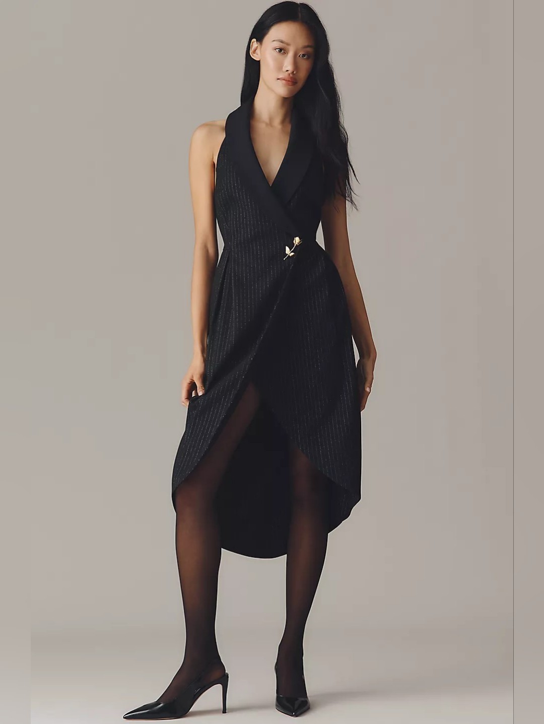 Anthropologie Black Halter Wrap Tuxedo Stripe Midi Dress
